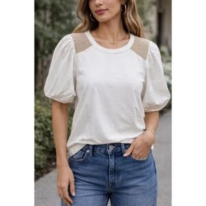 Evereve Jenni Crochet Inset Poplin Puff Sleeve Top